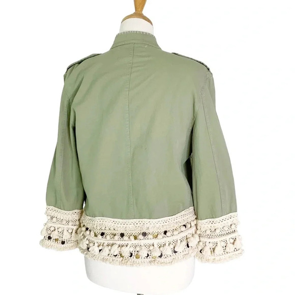 Zara Tassel Pom Crochet Fringe Boho Utility Jacket Green Size XS - Picture 6 of 15